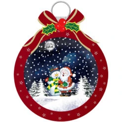Red Snowing Christmas Ball With Santa And Snowman