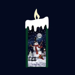 Green Snowing Flat Candle With Snowman