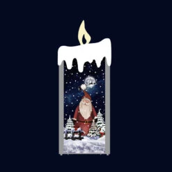 Silver Snowing Flat Candle With Santa