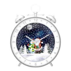 White Snowing Time Alarm Clock With Santa And Snowman