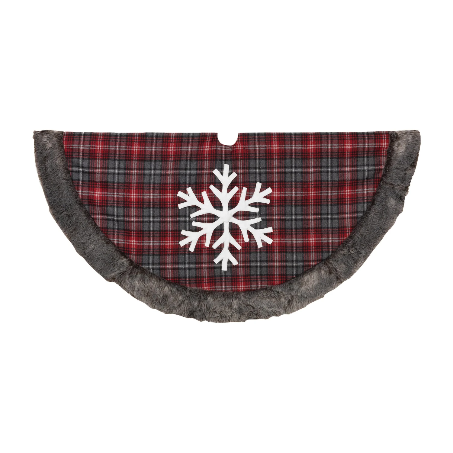 Snowflake Christmas Holiday Tree Skirt, Faux Fur Buffalo Plaid 3 Snowflake Christmas Holiday Tree Skirt, Faux Fur Buffalo Plaid