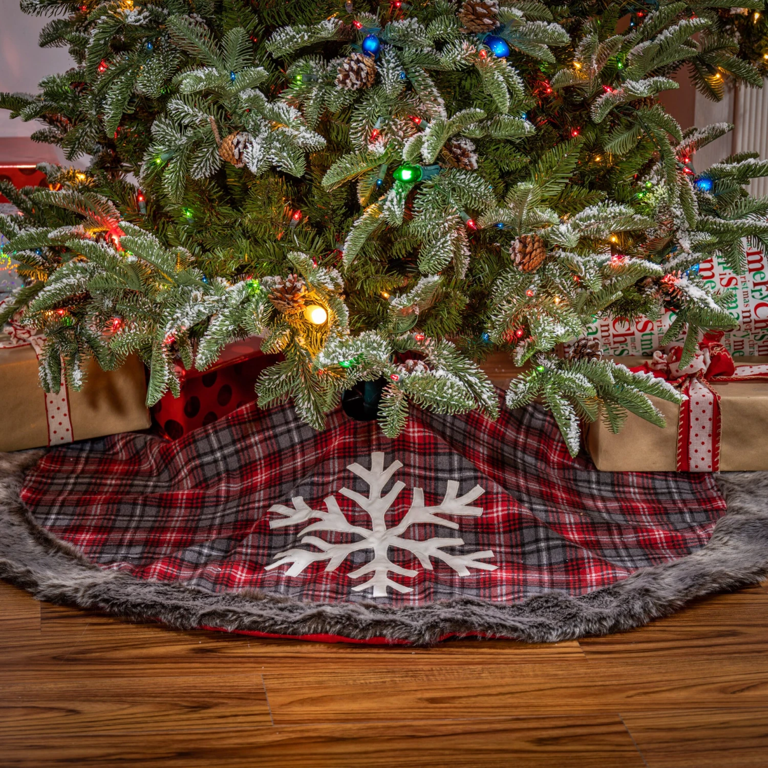 Snowflake Christmas Holiday Tree Skirt, Faux Fur Buffalo Plaid 4 Snowflake Christmas Holiday Tree Skirt, Faux Fur Buffalo Plaid - Image 2