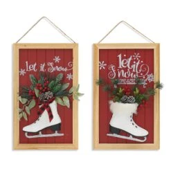 Set Of 2 Red Christmas Holiday Decor Wall Signs With Faux Pine