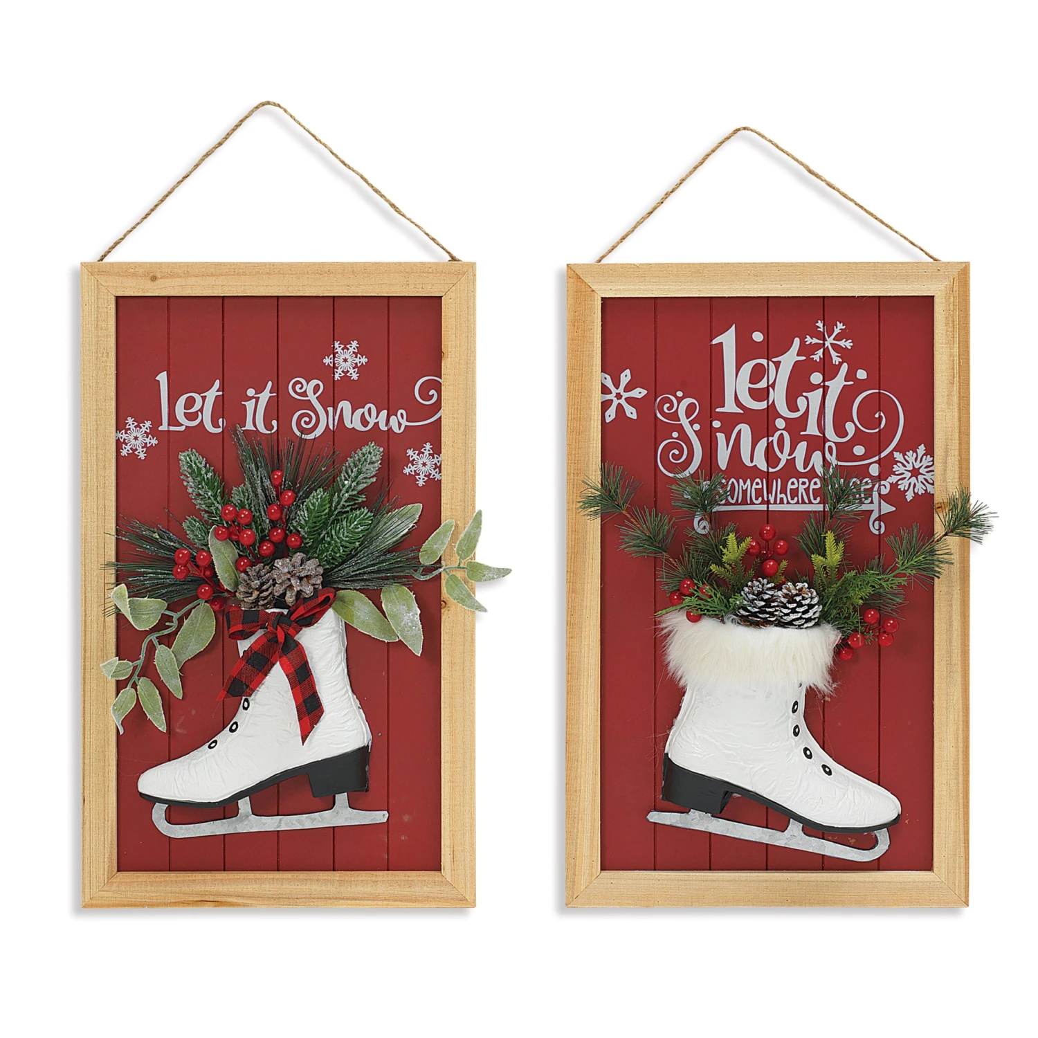 Set Of 2 Red Christmas Holiday Decor Wall Signs With Faux Pine 3 Set Of 2 Red Christmas Holiday Decor Wall Signs With Faux Pine