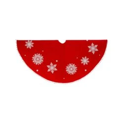 Red And White Snowflake Christmas Pompoms Tree Skirt, Velvet