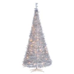 Sterling 7.5 Ft. Pre Lit Warm White LED Pop Up Silver Tinsel Tree