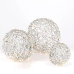 Set Of 3 White Modern Organic Vine Balls, Battery Operated LED
