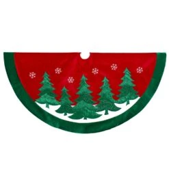 Kurt Adler 48-Inch Red Velvet With Green Trees Tree Skirt