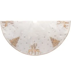Kurt Adler 72-Inch White Tree Skirt With Gold Glitter Tree And Reindeer Design
