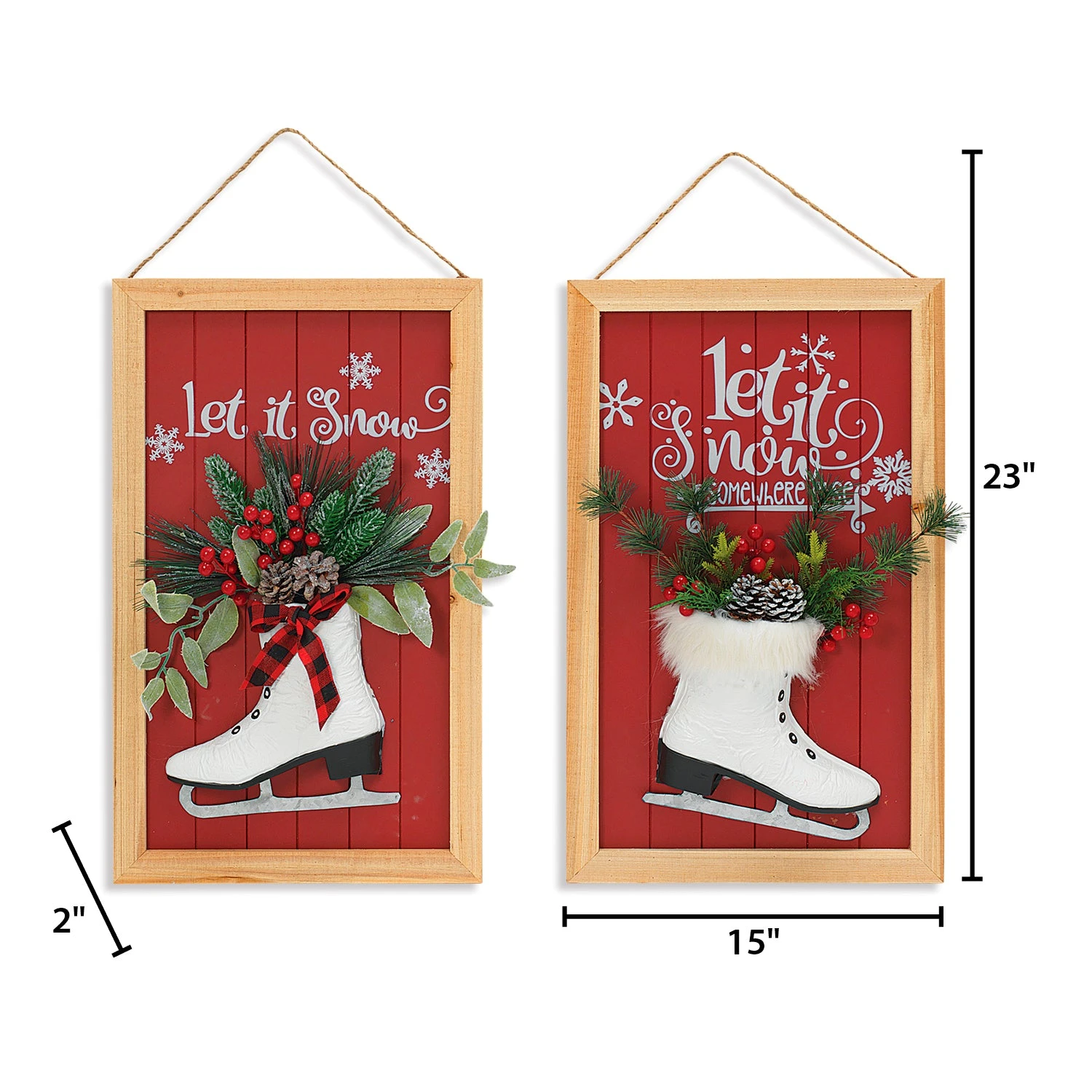 Set Of 2 Red Christmas Holiday Decor Wall Signs With Faux Pine 5 Set Of 2 Red Christmas Holiday Decor Wall Signs With Faux Pine - Image 3