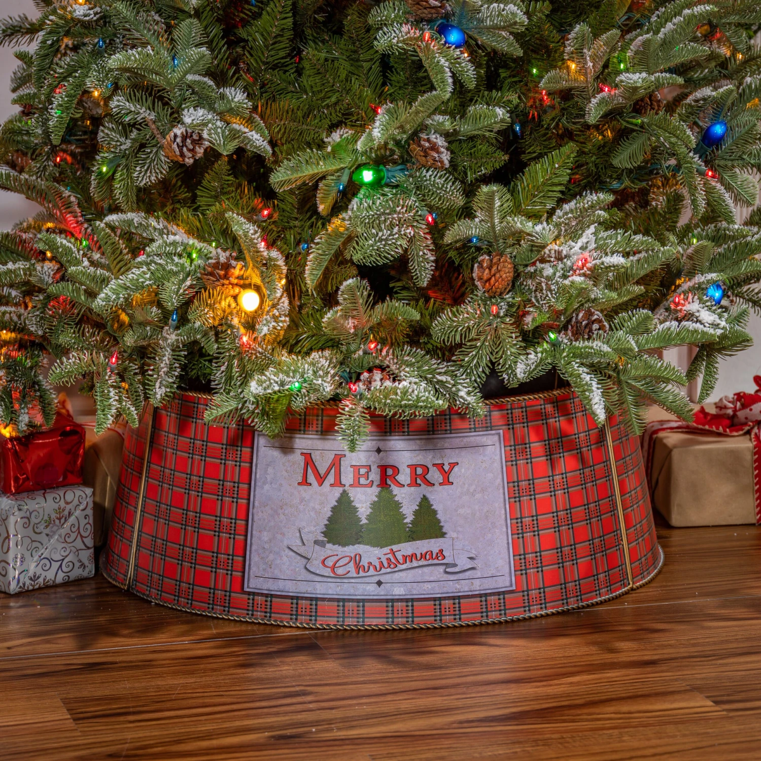 Galvanized Metal Merry Christmas Buffalo Plaid Tree Collar 4 Galvanized Metal Merry Christmas Buffalo Plaid Tree Collar - Image 2