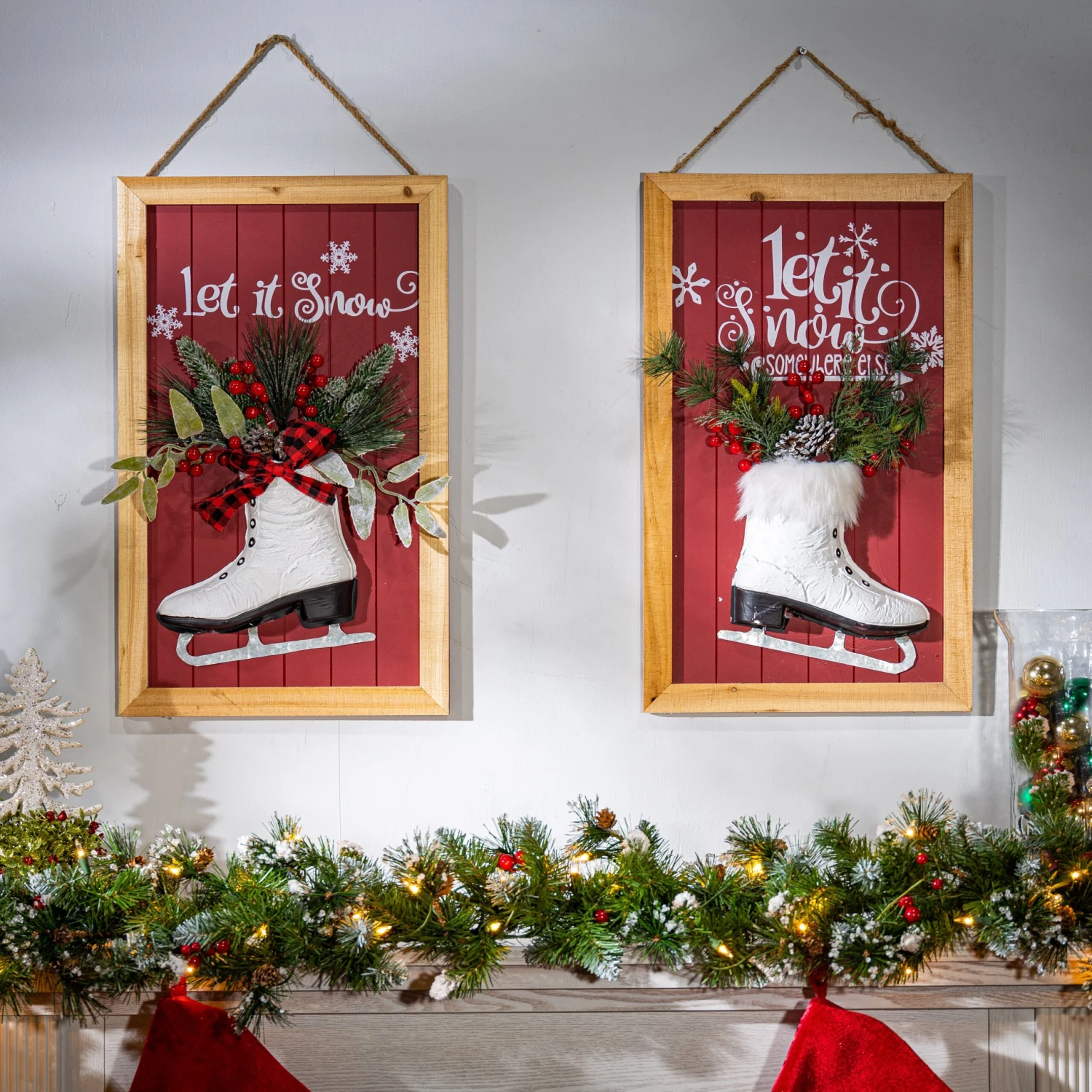 Set Of 2 Red Christmas Holiday Decor Wall Signs With Faux Pine 4 Set Of 2 Red Christmas Holiday Decor Wall Signs With Faux Pine - Image 2